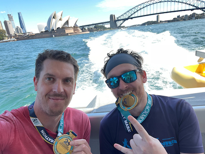 A picture of Craig and Robson, the founders of Dangelo, after running the Sydney marathon in 2022
