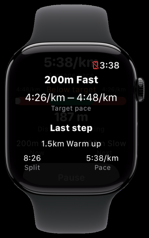 Dangelo on Apple Watch — 200m Fast interval with target pace, last step, and a 1.5km warm up