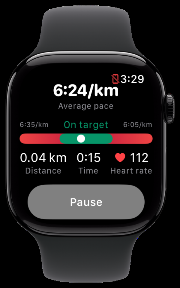 Dangelo on Apple Watch — Average pace with On target gauge